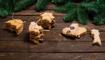 Vintage Christmas Spirit Cookies With Xmas Tree On Dark Rustic Wood
