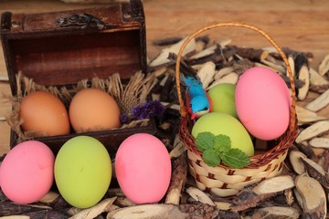 Colorful pickled of preserved egg on wood background.