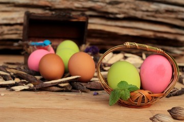Colorful pickled of preserved egg on wood background.