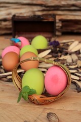 Colorful pickled of preserved egg on wood background.