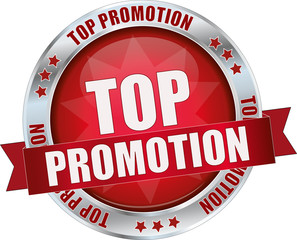 TOP PROMOTION / realistic modern round glossy 3D vector eps10 button ( icon / badge / tag ) in dark red with metallic border and a red banderole