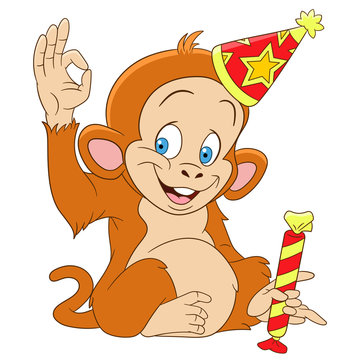 cute funny new year monkey with sweet candy is making okay sign