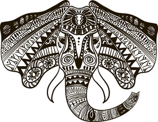 the head of an elephant. Abstract Drawing of an elefant's head in black color in ethnic style on a white background