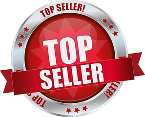 TOP SELLER / realistic modern round glossy 3D vector eps10 button ( icon / badge / tag ) in dark red with metallic border and a red banderole