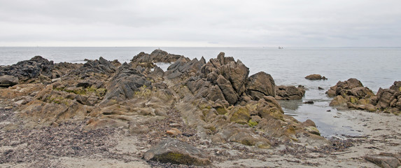 Rocks on a beach along a sea in summer