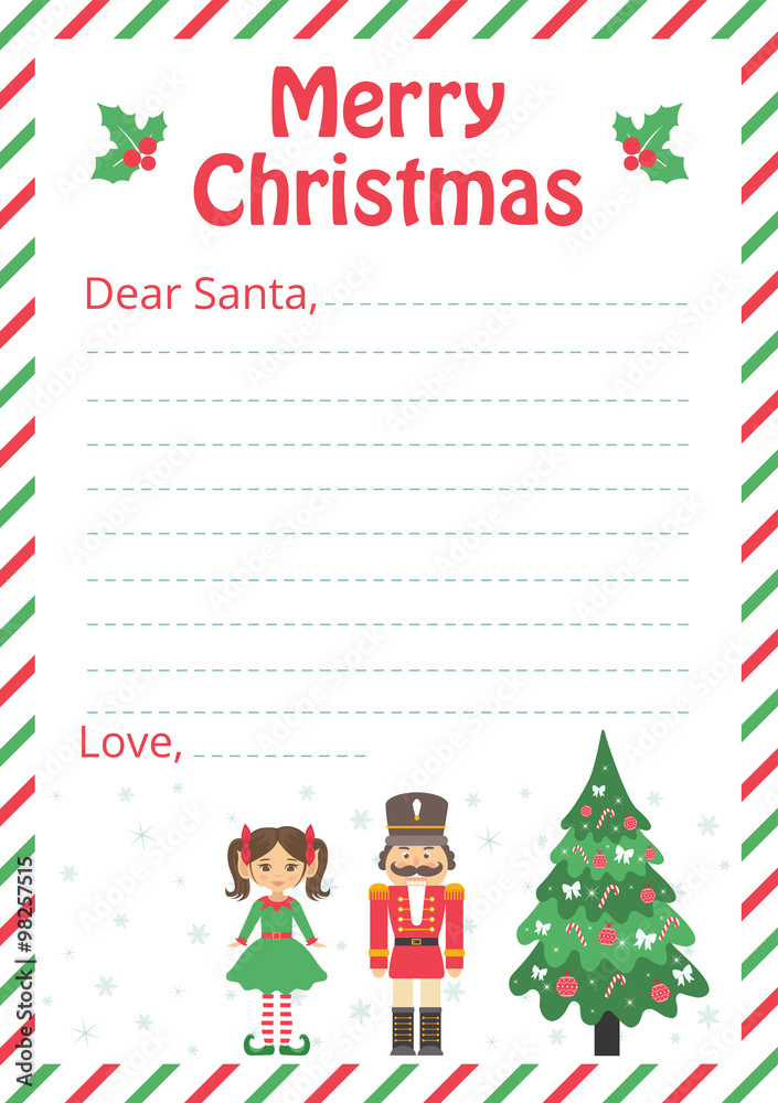 Poster letter to santa with christmas trees and nutcracker and girl elf