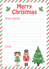 letter to santa with christmas trees and nutcracker and girl elf