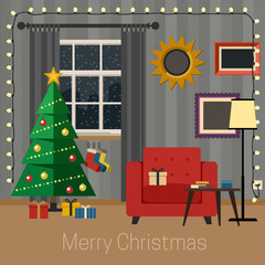 Living room with Christmas tree.