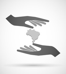 Two hands protecting or giving  a map of Brazil
