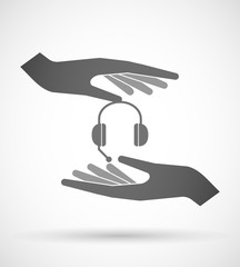 Two hands protecting or giving  a hands free phone device