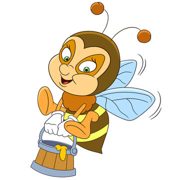 cute and happy cartoon bee flying around with a brimful jar of delicious honey