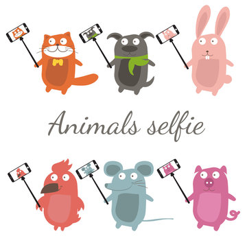 Monopod Selfie with cartoon animals .Vector