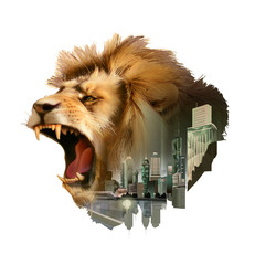 Naklejka premium Roaring lion head, double exposure vector illustration