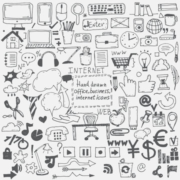 Hand drawn sketch icons for business,internet and office. Vector