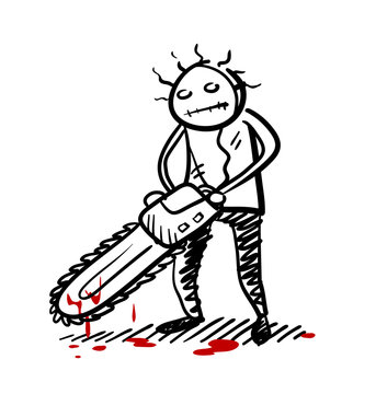 Psycho Killer, a hand drawn vector doodle illustration of a psychopath killer wielding a chainsaw with blood dripping from it.