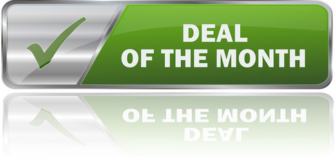 DEAL OF THE MONTH / realistic modern glossy 3D vector eps banner in green with metallic border and checkmark
