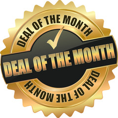 golden shiny vintage deal of the month 3D vector icon seal sign button shield star with checkmark