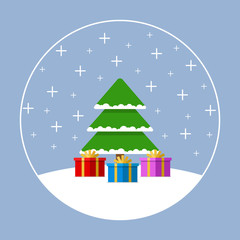 Fototapeta na wymiar Christmas tree with gift boxes on the snow background. Christmas Greetings Card Illustration