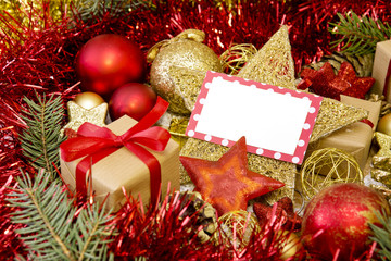 Fototapeta na wymiar Blank Christmas card with gifts,Santa hat and decoration.