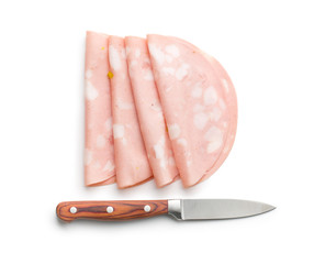 Slices of Sausage Mortadella with knife