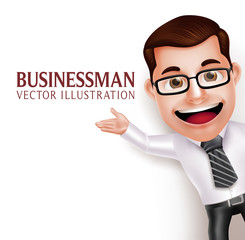 3D Realistic Professional Business Man Character  Waving Hand for Presentation in Empty White Background. Vector Illustration
