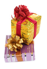 Box and red ribbon on white background