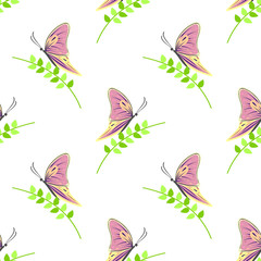 Seamless vector pattern with insects, symmetrical background with colorful butterflies and branches with leaves over light backdrop