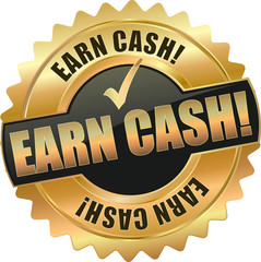 golden shiny vintage earn cash 3D vector icon seal sign button shield star with checkmark