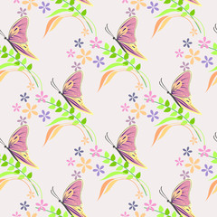 Seamless vector pattern with insects, background with colorful butterflies, flowers and branches with leaves over light backdrop