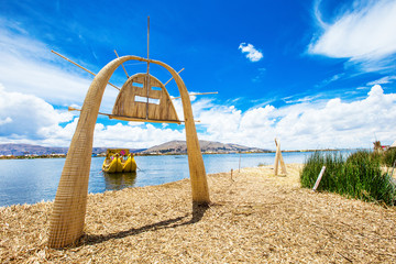 Totora boat on the Titicaca lake near Puno, Peru