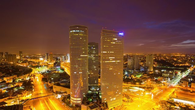 Tel Aviv Aerial View Time Lapse - From Night to Day - Tilt Down