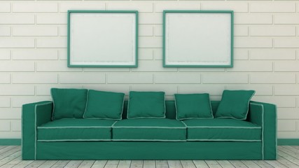 Naklejka premium Empty picture frames in classic interior entrance background on the decorative brick wall with wooden floor. Copy space image. 3d render