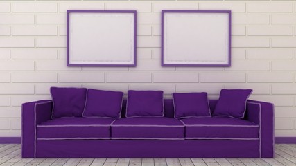 Empty picture frames in classic interior entrance background on the decorative brick wall with wooden floor. Copy space image. 3d render