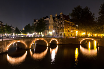 Amsterdam canal at night with lights on the bridges