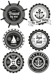Set of black yacht club and sea theme round badges isolated on white background. Collection of elements for company logos, print products, page and web decor or other design. Vector illustration.