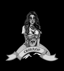 Vector illustration of a beautiful woman.Chicano tatoo style