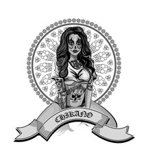 Vector illustration of a beautiful woman.Chicano tatoo style