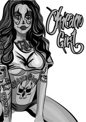 Vector illustration of a beautiful woman.Chicano tatoo style