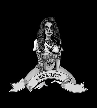 Vector illustration of a beautiful woman.Chicano tatoo style