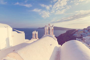 white belfries Santorini island, Greece