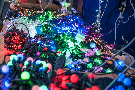 Christmas Market Stand With Tangle Of Fairy Lights