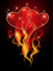 Two Valentine hearts in burning flame with decorative smoke