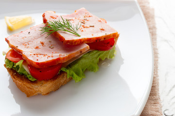 Sandwich with meat cheese and tomatoes on a salad leaf close-up