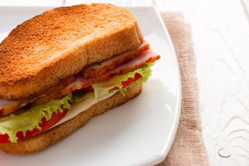 Sandwich with meat and vegetables on toasted bread on a white plate