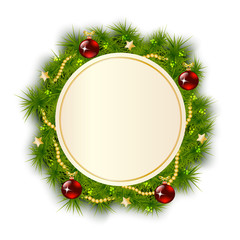 Fototapeta na wymiar round card background with a Christmas wreath of fir branches decorated with toys