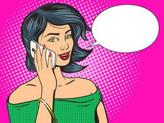 Beautiful young woman with phone pop art vector