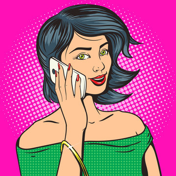 Beautiful young woman with phone pop art vector