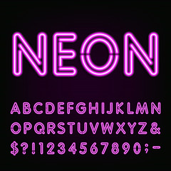Purple Neon Light Alphabet Font. Neon effect letters, numbers and symbols on the dark background. Vector typeface for labels, titles, posters etc. - obrazy, fototapety, plakaty