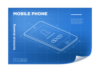 Technical Illustration with mobile phone drawing on the blueprint