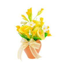 white and yellow flowers in the wicker basket